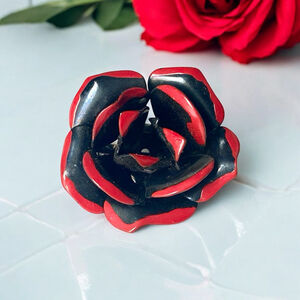 Small Vintage Enamel Rose Flower Brooch Pin Black Red